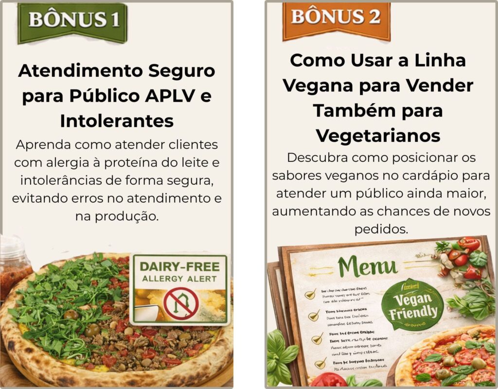 BÔNUS 1 - Atendimento Seguro para Público APLV e Intolerantes
BÔNUS 2 - Como Usar a Linha Vegana para Vender Também para Vegetarianos