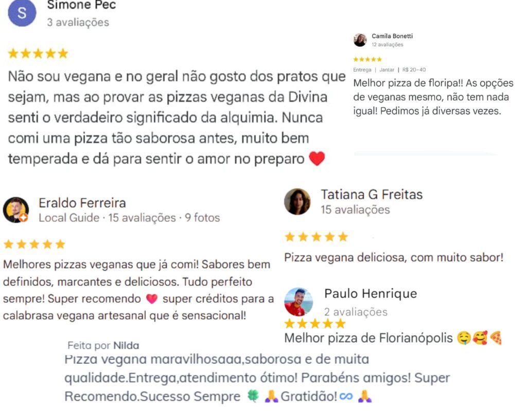 Depoimentos de clientes - pizza vegana sensacional