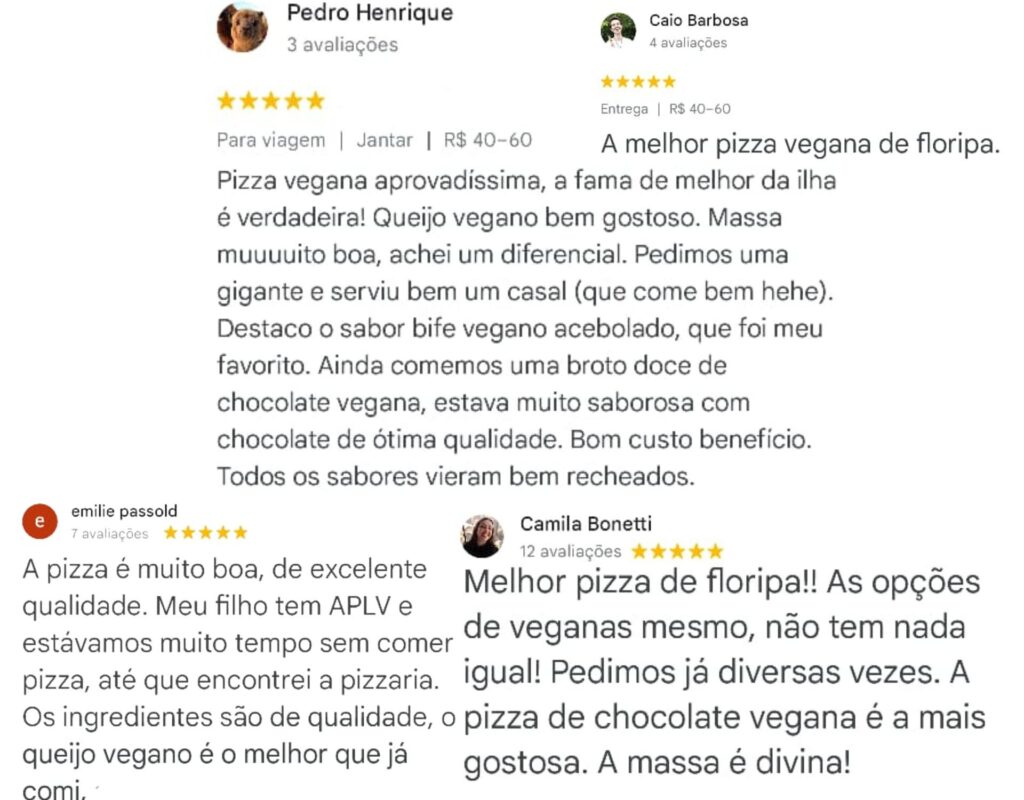 Depoimentos de Clientes - Pizza Vegana Sensacional